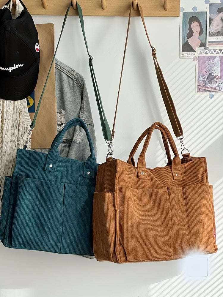 Corduroy Crossbody Tote Bag Stylish Commuter Shoulder Bag with Multiple Spacious Pockets Handbag For Women