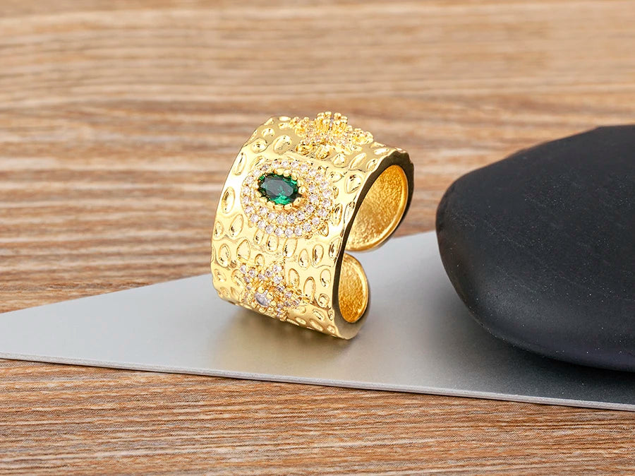 AIBEF Luxury Oval Star Jewelry Wide Rings Copper CZ Women Adjustable Opening Engagement Decoration Anniversary Party Unisex Gift