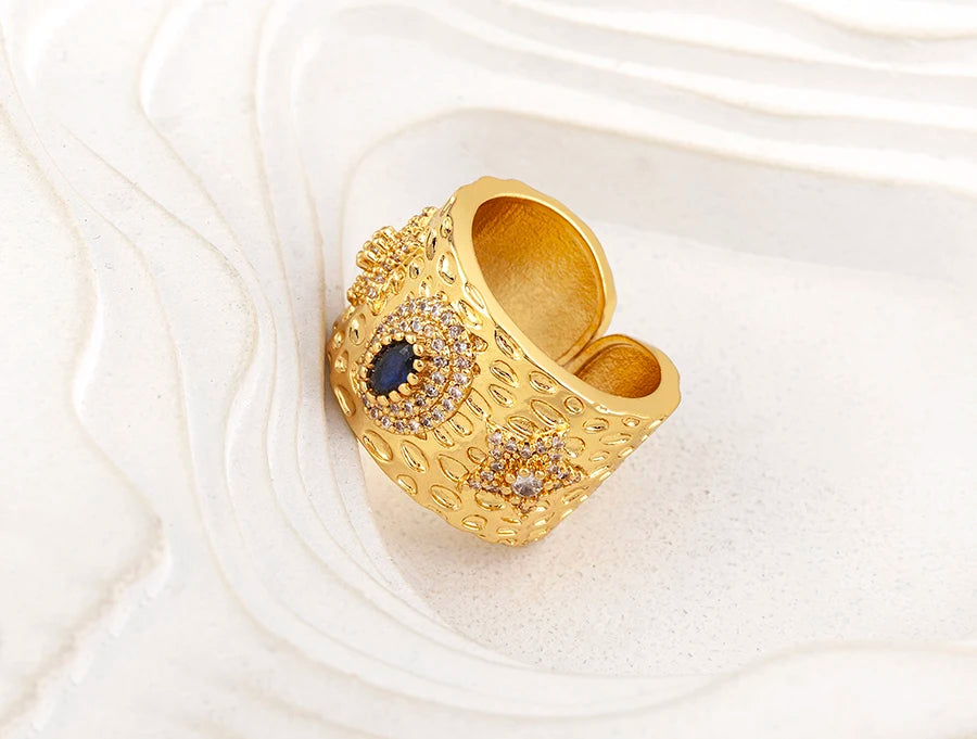 AIBEF Luxury Oval Star Jewelry Wide Rings Copper CZ Women Adjustable Opening Engagement Decoration Anniversary Party Unisex Gift