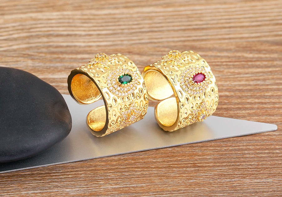 AIBEF Luxury Oval Star Jewelry Wide Rings Copper CZ Women Adjustable Opening Engagement Decoration Anniversary Party Unisex Gift