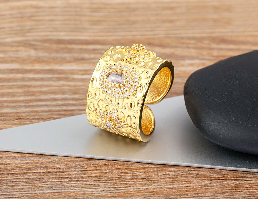 AIBEF Luxury Oval Star Jewelry Wide Rings Copper CZ Women Adjustable Opening Engagement Decoration Anniversary Party Unisex Gift