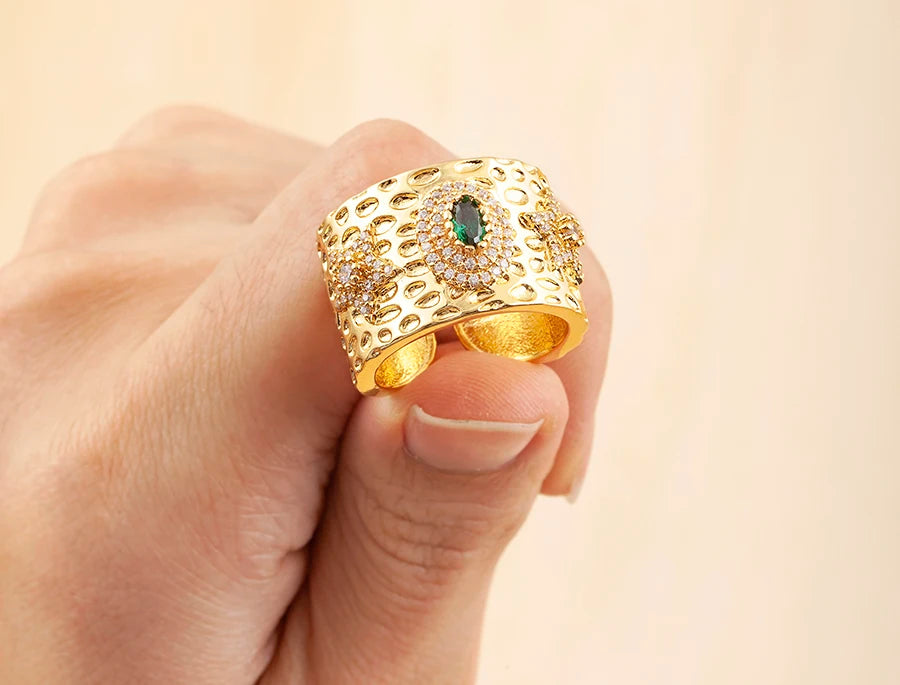 AIBEF Luxury Oval Star Jewelry Wide Rings Copper CZ Women Adjustable Opening Engagement Decoration Anniversary Party Unisex Gift