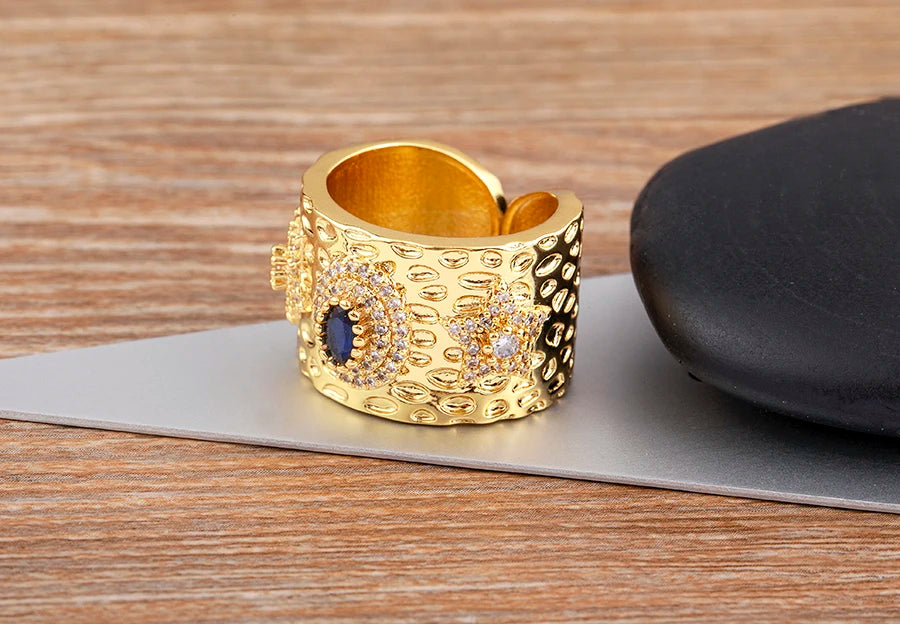 AIBEF Luxury Oval Star Jewelry Wide Rings Copper CZ Women Adjustable Opening Engagement Decoration Anniversary Party Unisex Gift