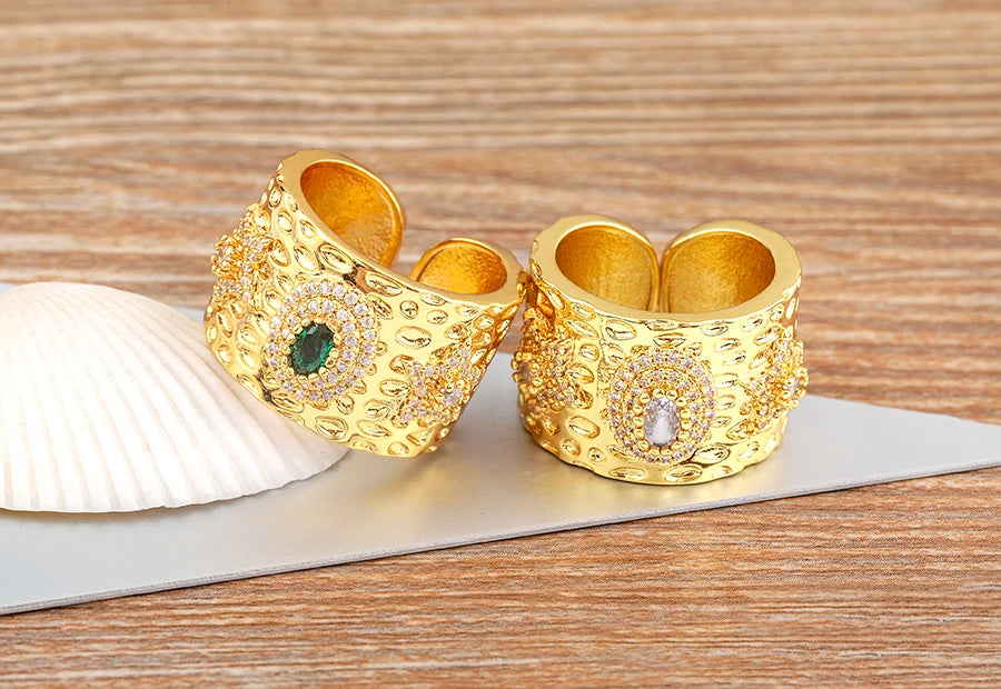 AIBEF Luxury Oval Star Jewelry Wide Rings Copper CZ Women Adjustable Opening Engagement Decoration Anniversary Party Unisex Gift