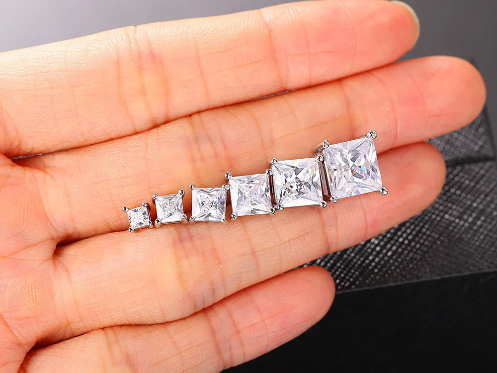 Earrings For Women Squares Clear Zircon Stud Earring for Female Male Various Size Crystals Ear Accessories Earing Jewellry E323