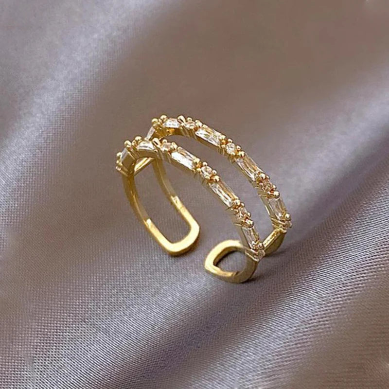 Luxury Zircon Gold Color Double Layer Adjustable Opening Rings For Women Fashion Wedding Party Jewelry Birthday Gift Wholesale
