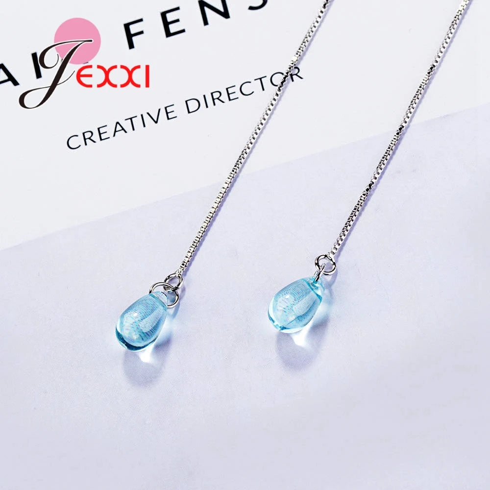 New 925 Sterling Silver Jewelry For Women Girls Lond Dangle Earrings Blue Clear Crystal Pendant Brincos Pendientes Gifts