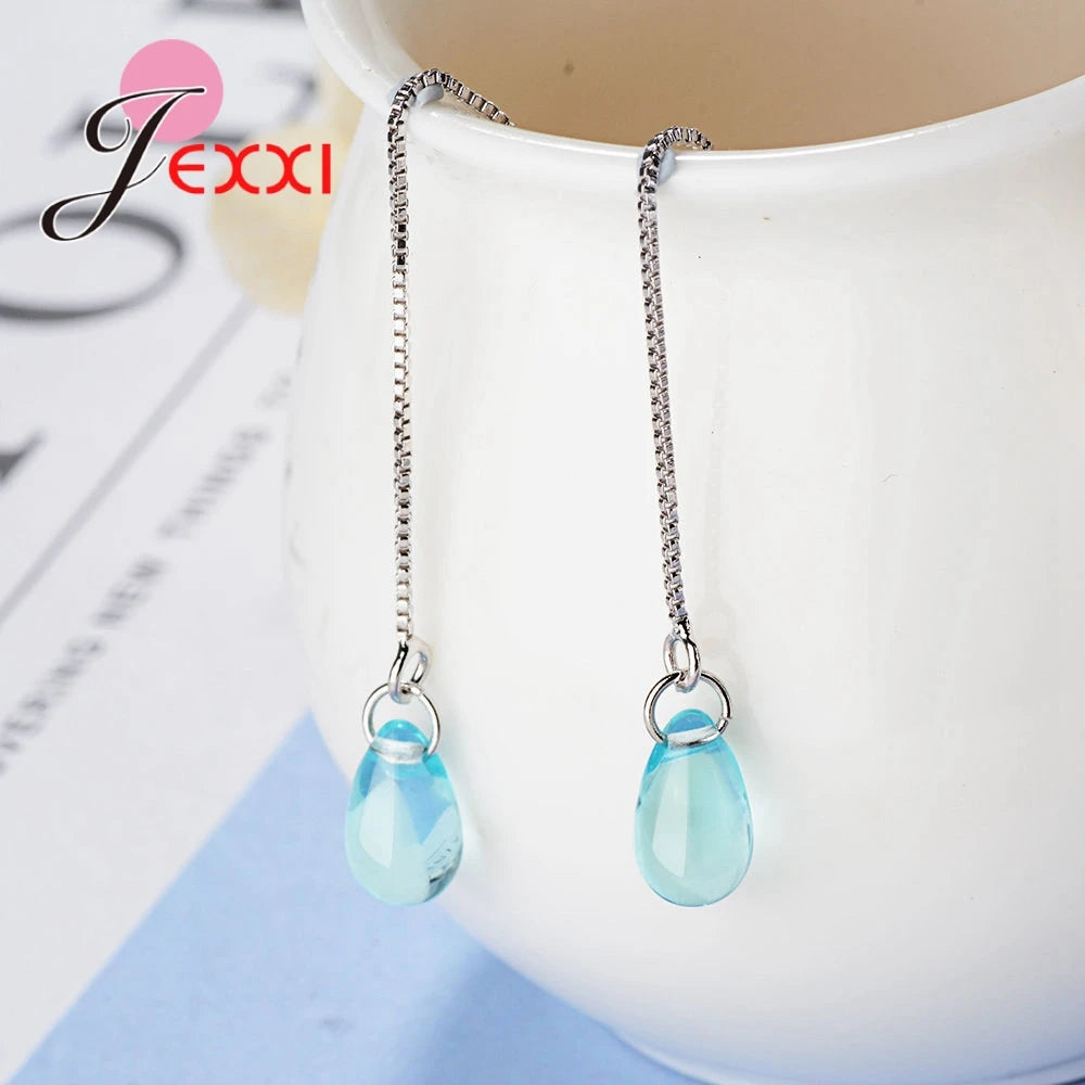 New 925 Sterling Silver Jewelry For Women Girls Lond Dangle Earrings Blue Clear Crystal Pendant Brincos Pendientes Gifts