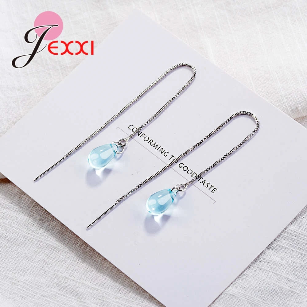 New 925 Sterling Silver Jewelry For Women Girls Lond Dangle Earrings Blue Clear Crystal Pendant Brincos Pendientes Gifts