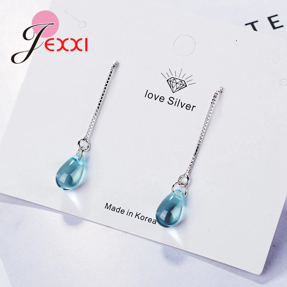 New 925 Sterling Silver Jewelry For Women Girls Lond Dangle Earrings Blue Clear Crystal Pendant Brincos Pendientes Gifts