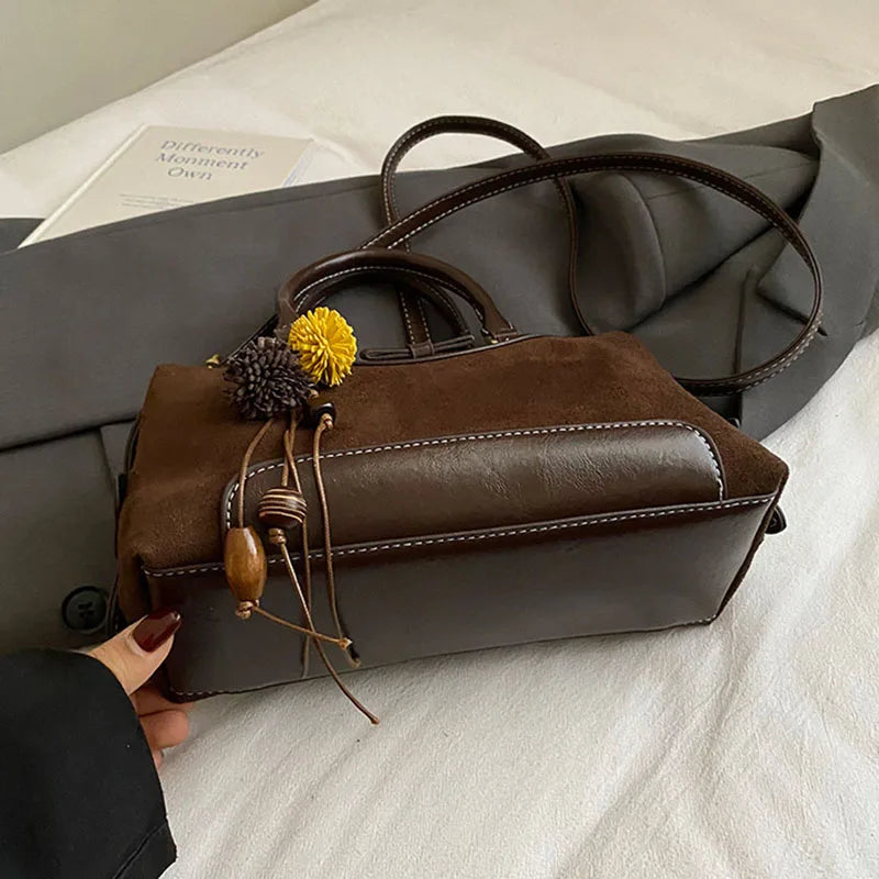 New Retro Frosted Tote Bag Boston Bag Pu Suede Women'S Shoulder Crossbody Bag Commuter Bag