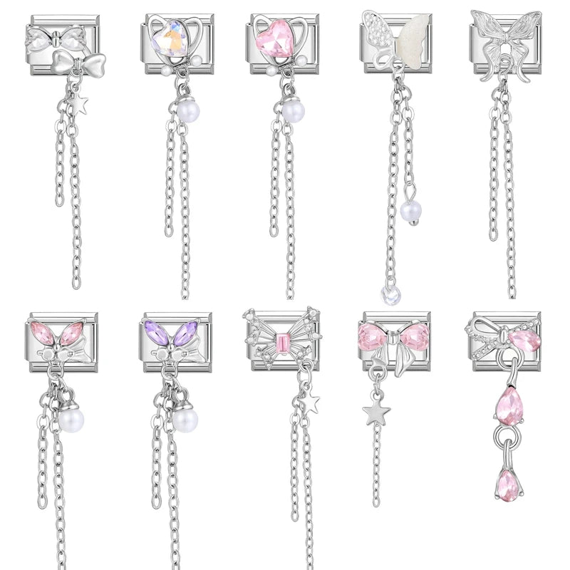 Zircon Moon Cherry Heart Star Bow Knot Butterfly Tassel Italian Charm Links Fit 9mm Bracelet Stainless Steel DIY Making Gifts