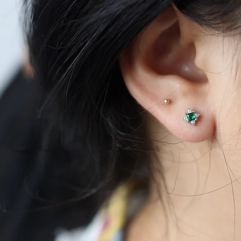 925 Sterling Silver Plating 14K Gold Exquisite Green Zircon Geometry Stud Earrings For Women Fine Jewelry