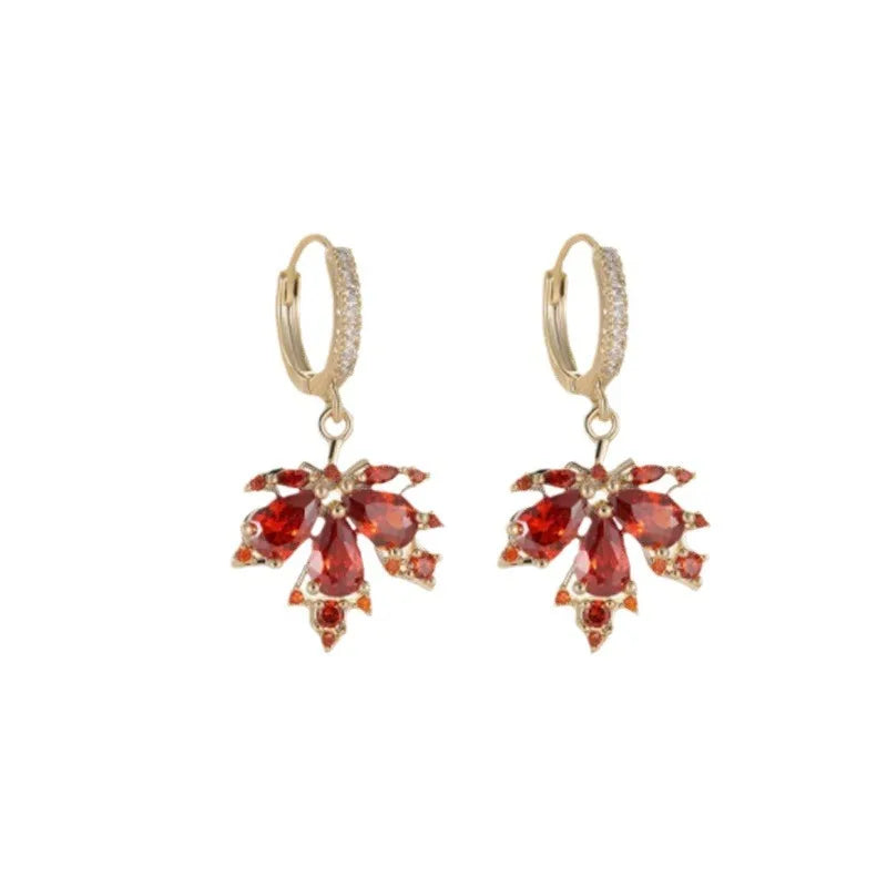 Chenrui Fashion Leaf Inlaid Zircon Earring Buckle for Women's Luxury, Fashionable and Elegant Medium Length Red Accessories