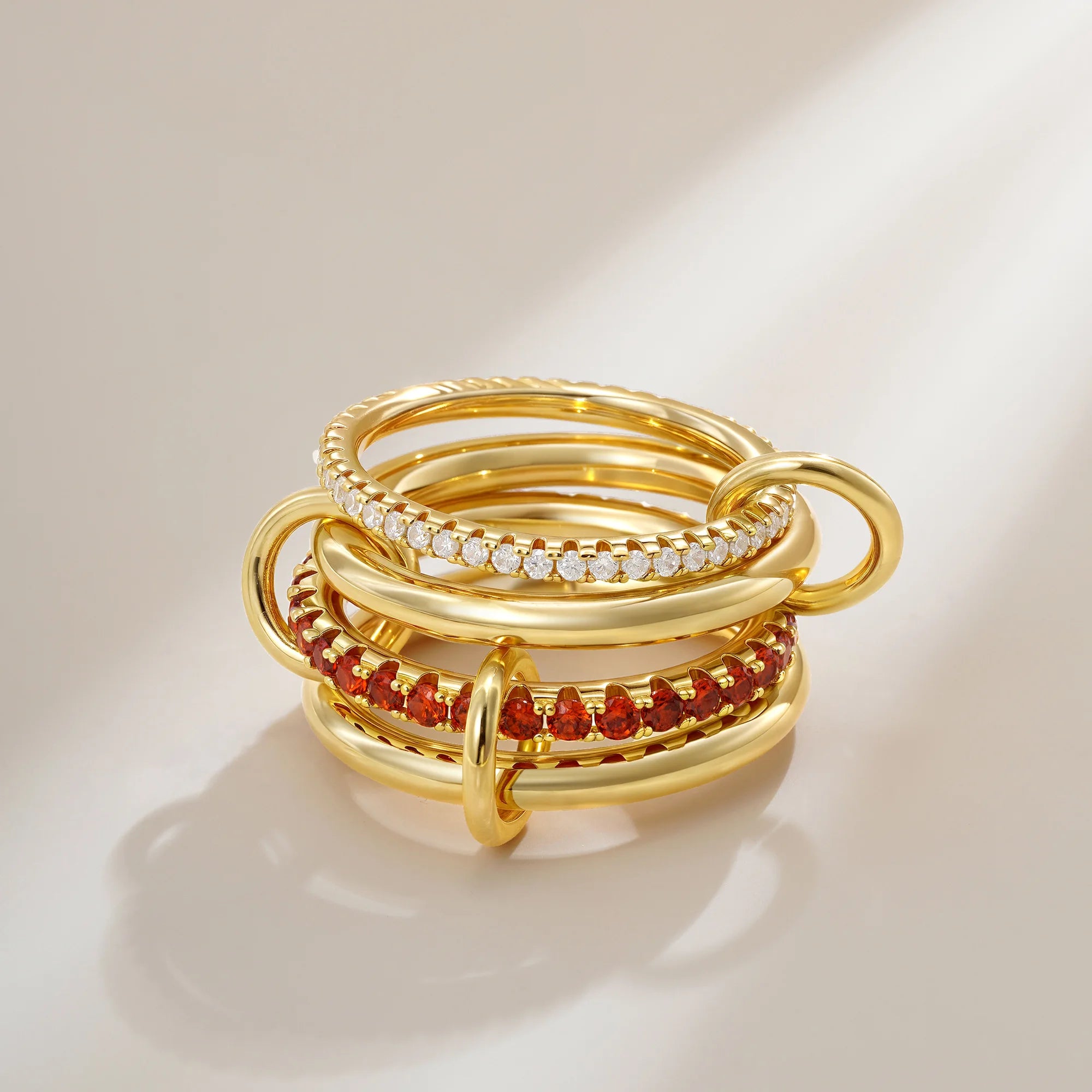 Luxury Cubic Zirconia Gold Plating Multilayer Connecting Rings for Women Fashion Mixed Color Stackable Finger Ring Party Jewelry