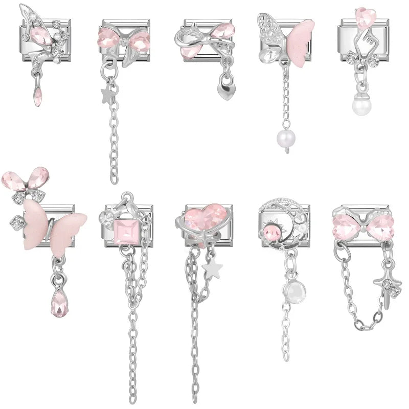 Zircon Moon Cherry Heart Star Bow Knot Butterfly Tassel Italian Charm Links Fit 9mm Bracelet Stainless Steel DIY Making Gifts