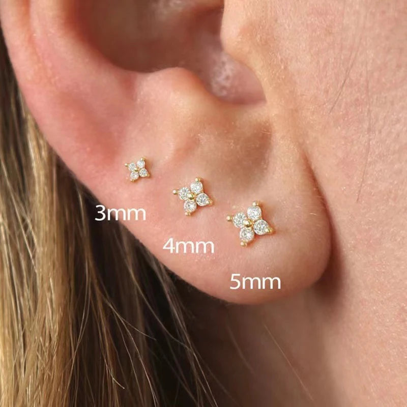 3Pcs/set Four Petals Zircon Flower Stud Earrings Set For Women Small Classic Versatile Piercing Earrings 3/4/5mm