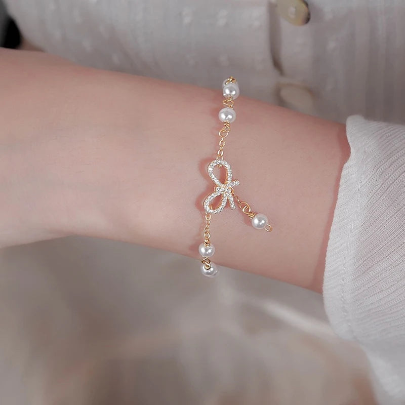 Fashion Women Bow Pearls Charm Bracelet High Quality Crystal Thin Chain Bracelet Fashion Jewelry Hello Girl Gift