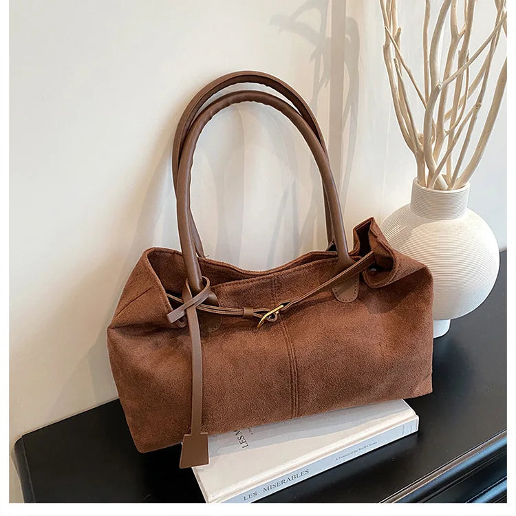 Belt Design Matte Leather Women's Tote Shoulder Bag Suede Velvet Female Underarm Bags Large Capacity Ladies Work Handbags Purse