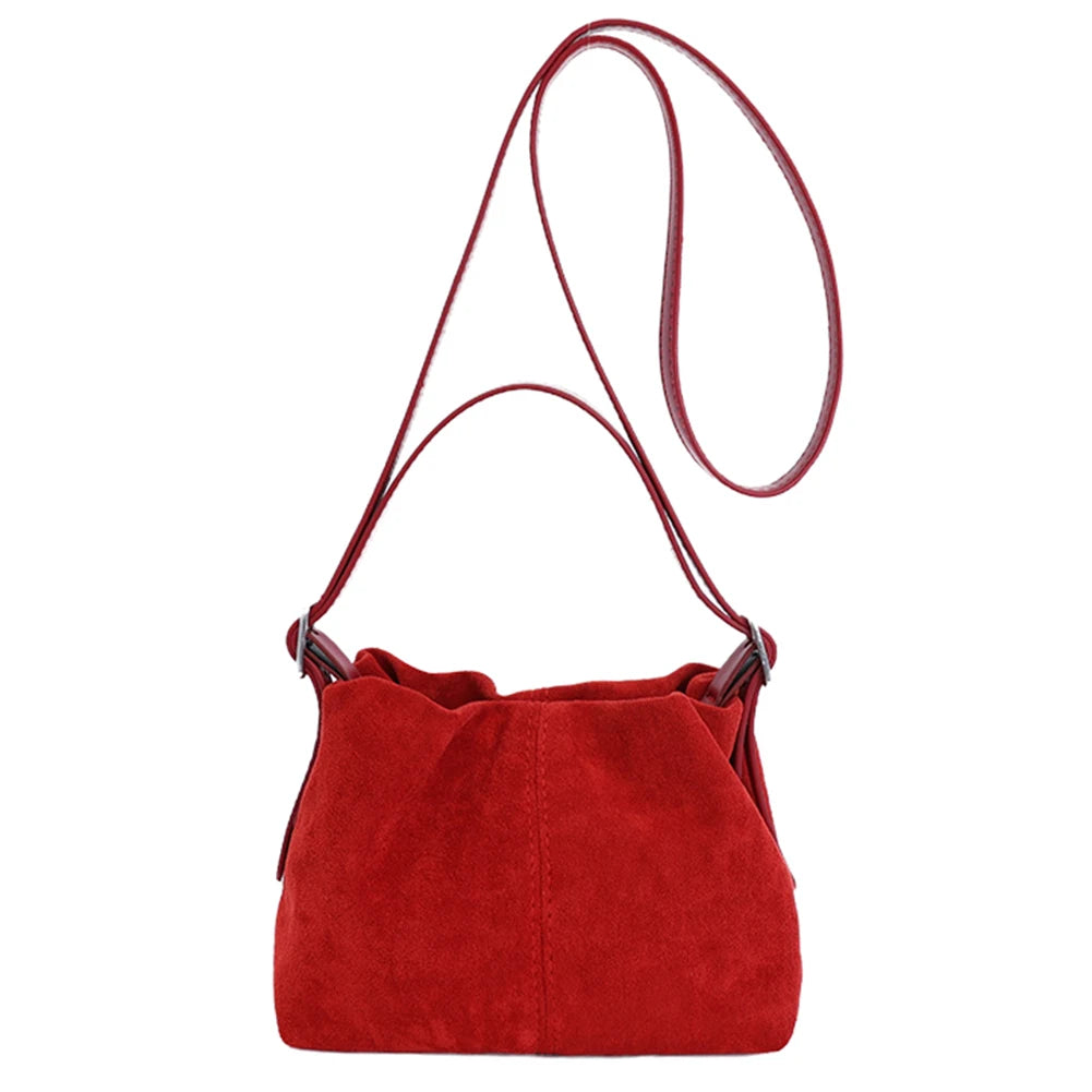 Women Suede Leather Shoulder Bag Vintage Tote Handbag Travel Autumn Winter Causal Crossbody Bags Lightweight Drawstring Handbag