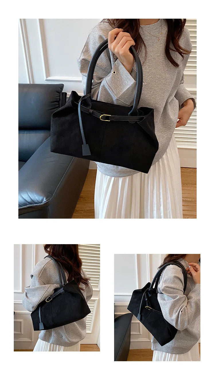 Belt Design Matte Leather Women's Tote Shoulder Bag Suede Velvet Female Underarm Bags Large Capacity Ladies Work Handbags Purse