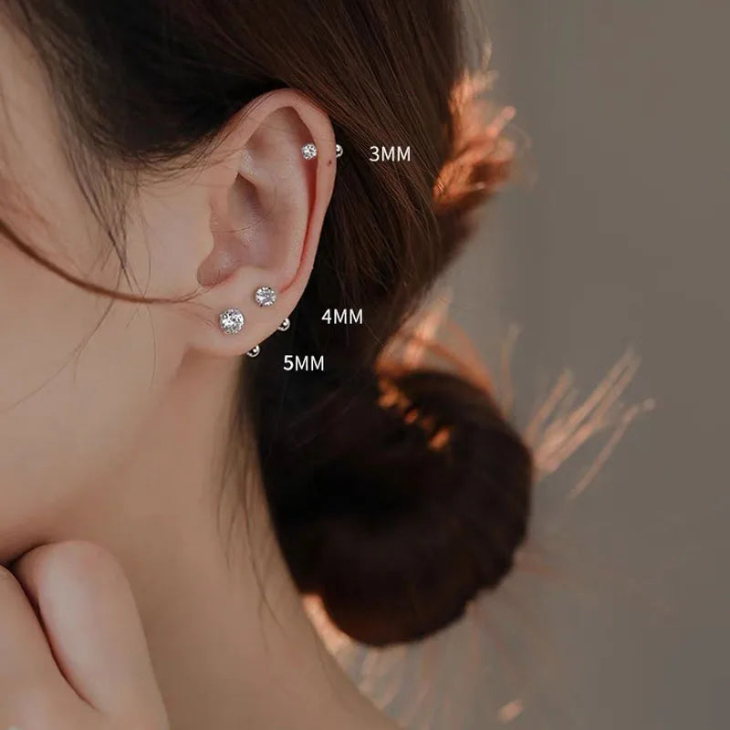 3Pairs Classic Round Zirconia Stud Earrings For Women, Stainless Steel Women's Cartilage, Tragus, Lobe, Daith Piercing Jewelry