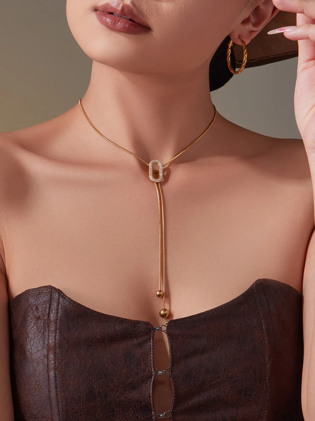 Ars 18K Gold Plated Y Necklace Stainless Steel Tassel Necklace Adjustable Oval Pendant Necklace Women's Zircon Lariat Necklaces