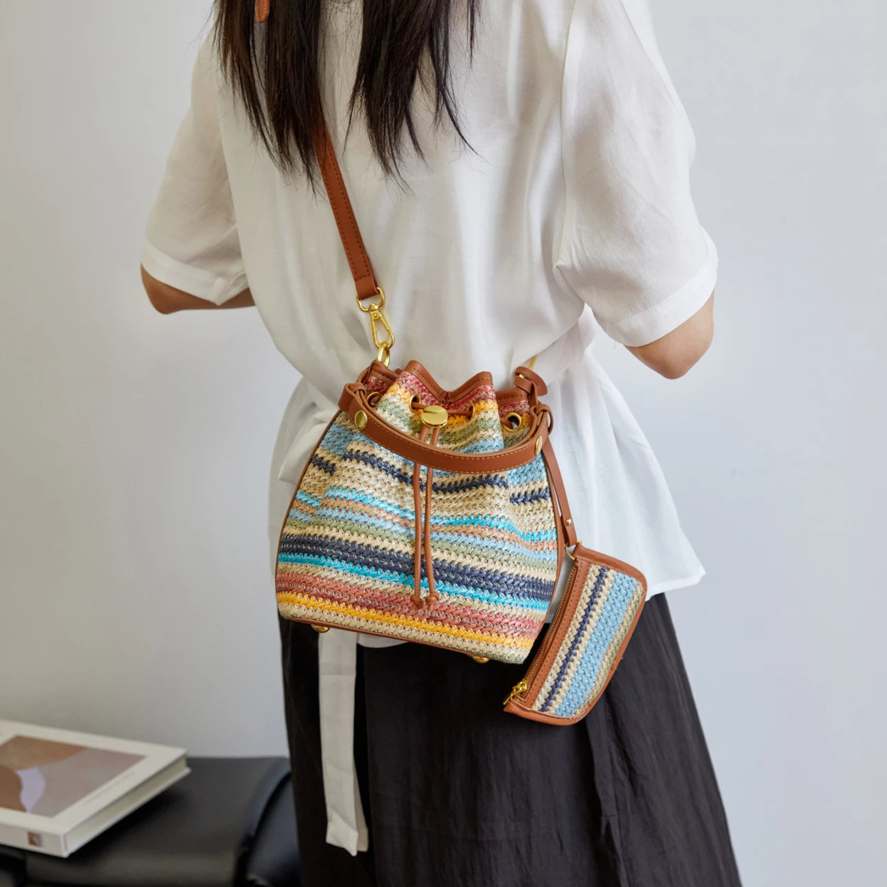 2 Pcs/set Bucket Design Crossbody Bag 2025 Boho Beach Shoulder Purses and Handbags Summer Colorful Straw Bolsa Feminina New