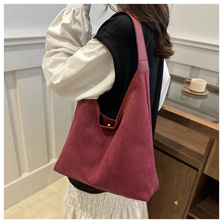 Vintage Faux Suede Tote Bags for Women Large Capacity Shoulder Ladies Underarm Bag Casual Simple Commuter Female Handbags