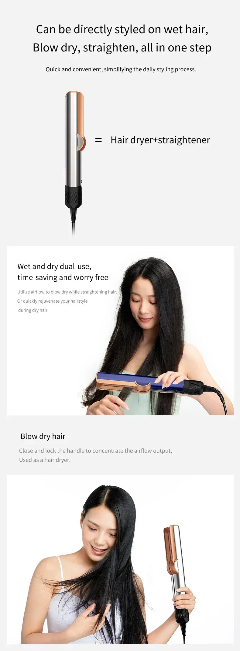 2 IN 1 Professional Hair Straightener & Hair Dryer Styling Tool Heat-Up Hair Flat Iron Negative Ion Iron Long-Lasting airstrait