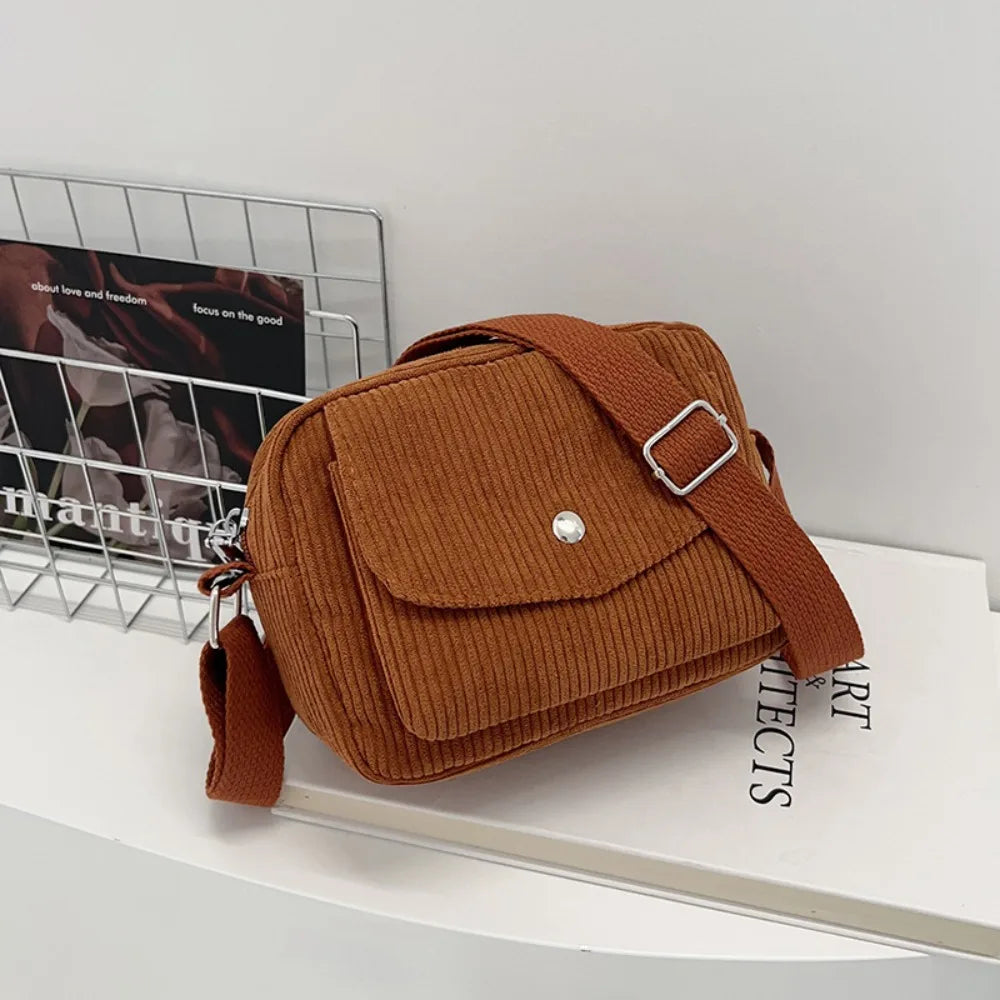 New Corduroy Striped Crossbody Bag Simple Design Solid Colour Shoulder Bags Adjustable Strap Lady's Square Bag for Casual Wear
