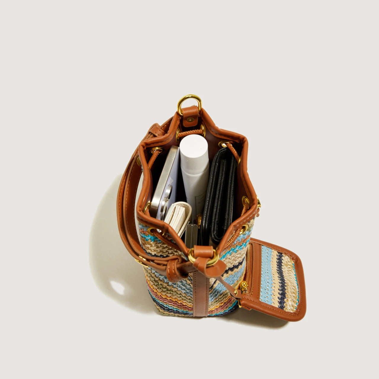 2 Pcs/set Bucket Design Crossbody Bag 2025 Boho Beach Shoulder Purses and Handbags Summer Colorful Straw Bolsa Feminina New