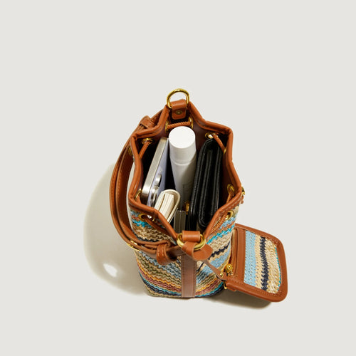 2 Pcs/set Bucket Design Crossbody Bag 2025 Boho Beach Shoulder Purses and Handbags Summer Colorful Straw Bolsa Feminina New