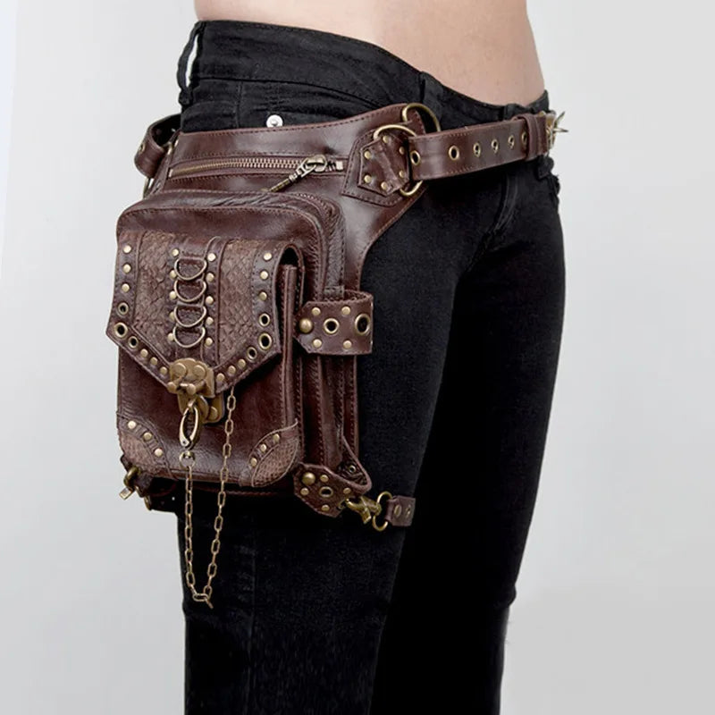 Steampunk Gothic Crossbody Bag Unisex Mini Waist Purse Medieval Rivet Multi-Purpose Travel Shoulder Bag Brown Multi-Way Backpack