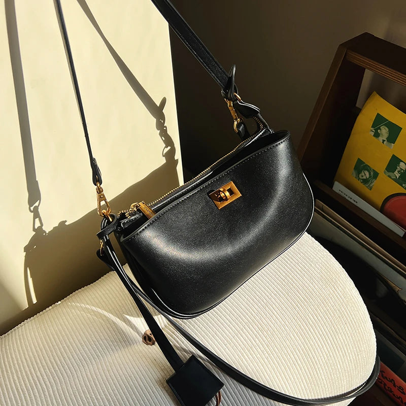 Luxury Rodeo Women Shoulder Bags Cowhide Leather Brand Black Handbags For Women Fashion Gold Silver Buckle Design Underarm Bags