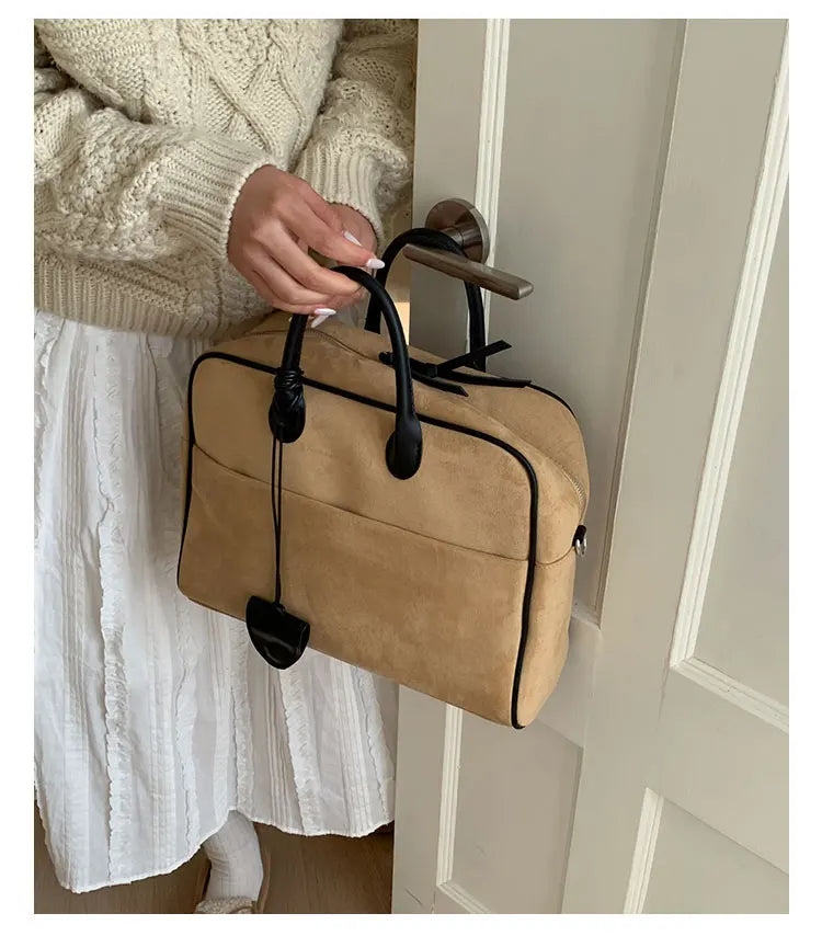 Faux Suede Taupe Retro Tote Bags for Women Solid Color Large Capacity Commuting Versatile Casual Shoulder Bag Classic Handbag