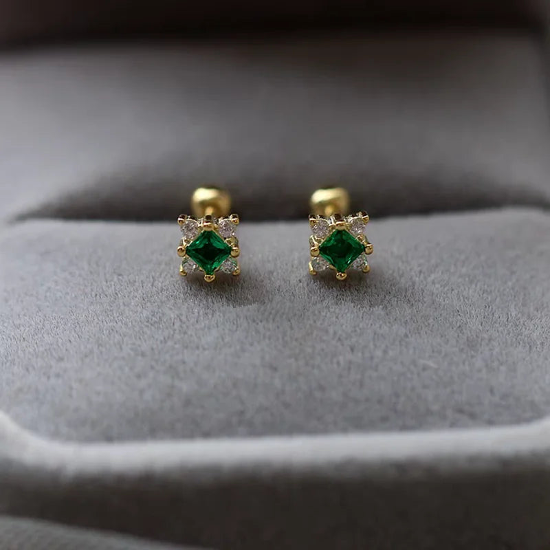 925 Sterling Silver Plating 14K Gold Exquisite Green Zircon Geometry Stud Earrings For Women Fine Jewelry