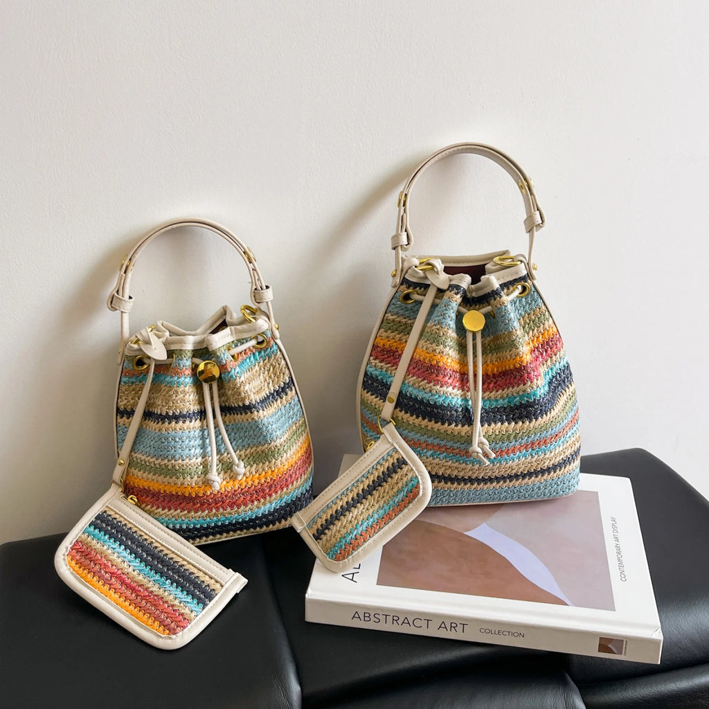 2 Pcs/set Bucket Design Crossbody Bag 2025 Boho Beach Shoulder Purses and Handbags Summer Colorful Straw Bolsa Feminina New