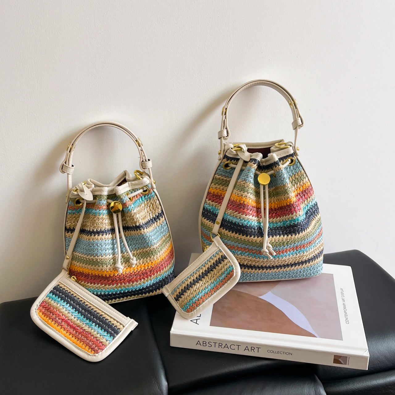 2 Pcs/set Bucket Design Crossbody Bag 2025 Boho Beach Shoulder Purses and Handbags Summer Colorful Straw Bolsa Feminina New