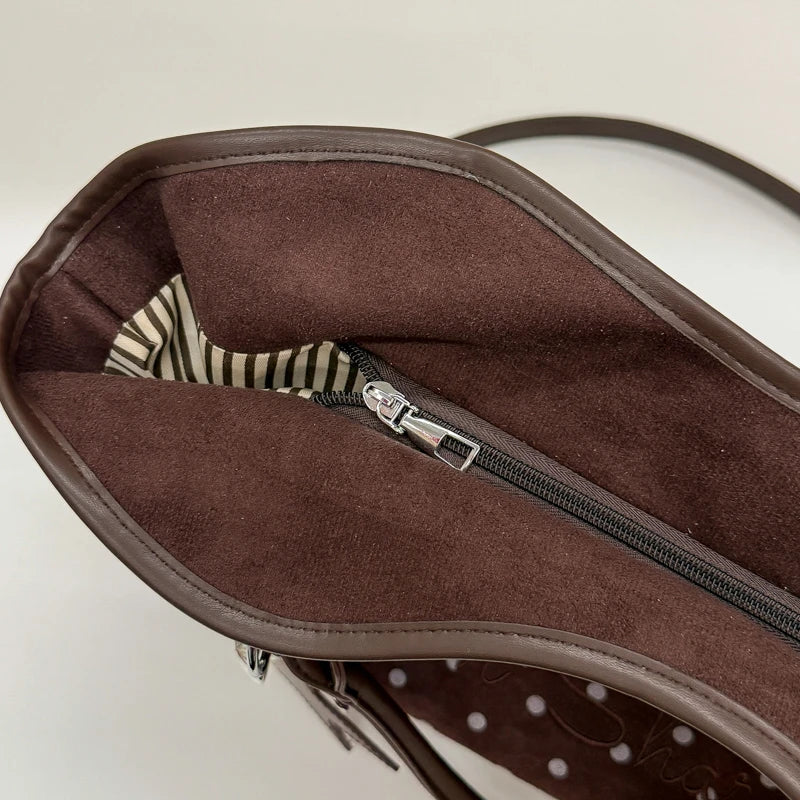 Polka Dot Suede Shoulder Bag Women Stylish Brown Slouchy Tote Drawstring Design Magnetic Buckle Underarm Bag With Star Pendant