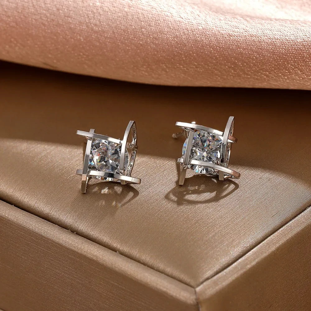 Zircon Small Square Crystal Stud Earrings For Women Luxury Vintage Wedding Party Jewelry Gift