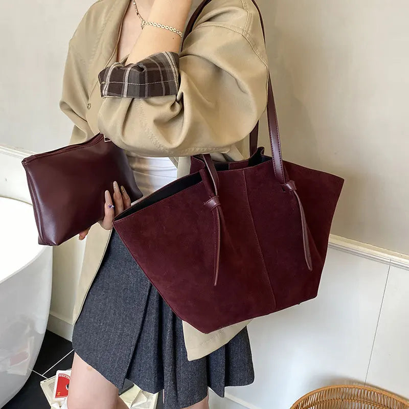 Luxury Faux Suede Women's Tote Bag Large Capacity Shoulder Bag Designer Handbag Wing-shaped Storage Bag Chic Frosted Shoppingbag