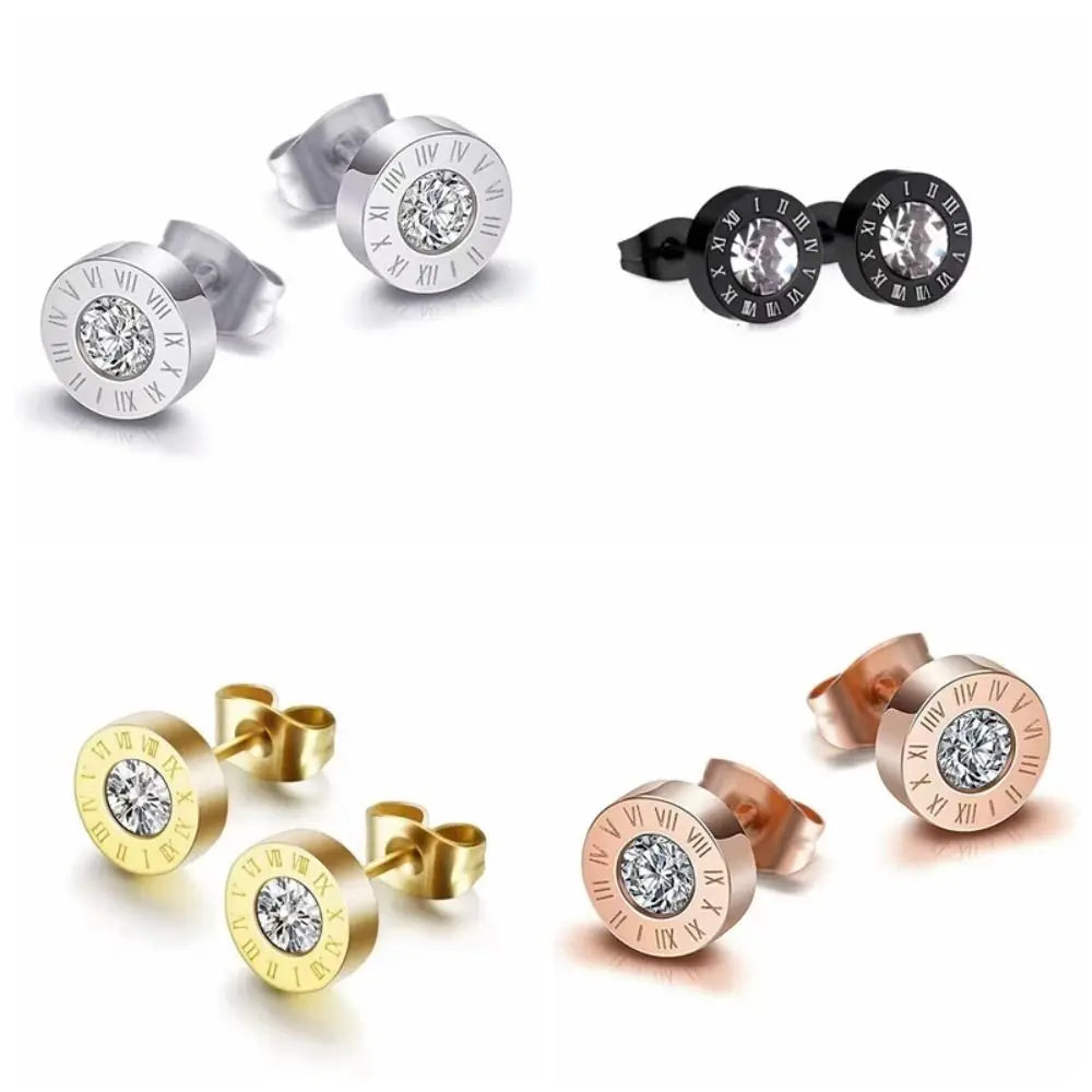 Zircon Roman Numerals Stud Earrings Jewelry Punk  Stud Earrings For Men Hiphop Stainless Steel Ear Accessories Jewelry Gift