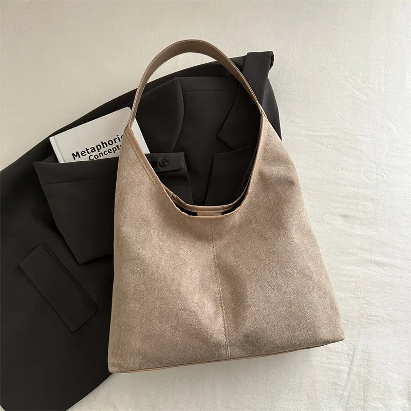 Vintage Faux Suede Tote Bags for Women Large Capacity Shoulder Ladies Underarm Bag Casual Simple Commuter Female Handbags