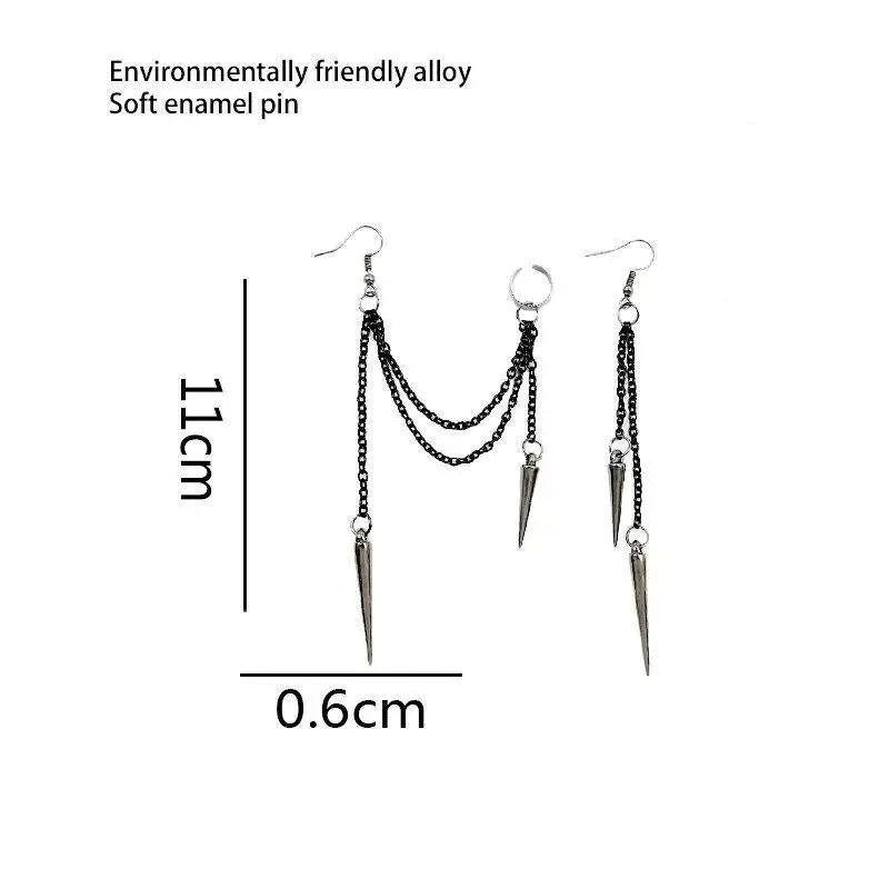 Men Retro Black Tassel Chain Long Earrings Punk Earrings Hiphop Rivet Earrings For Women Gothic Party Jewelry