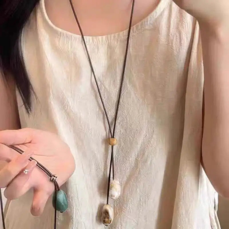 Long Oval Pendant Necklace New Chinese Style Simple Vintage Zen Fashion Design Jewelry Accessory
