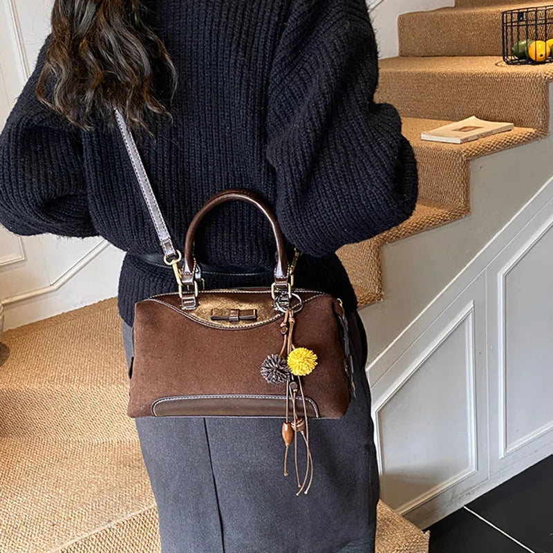 New Retro Frosted Tote Bag Boston Bag Pu Suede Women'S Shoulder Crossbody Bag Commuter Bag