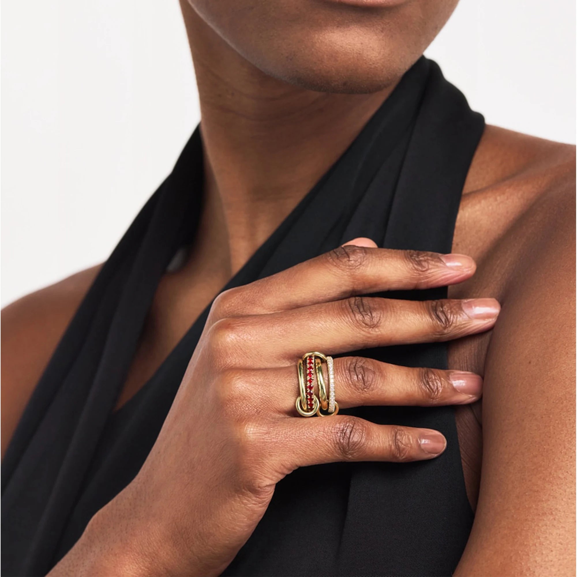 Luxury Cubic Zirconia Gold Plating Multilayer Connecting Rings for Women Fashion Mixed Color Stackable Finger Ring Party Jewelry