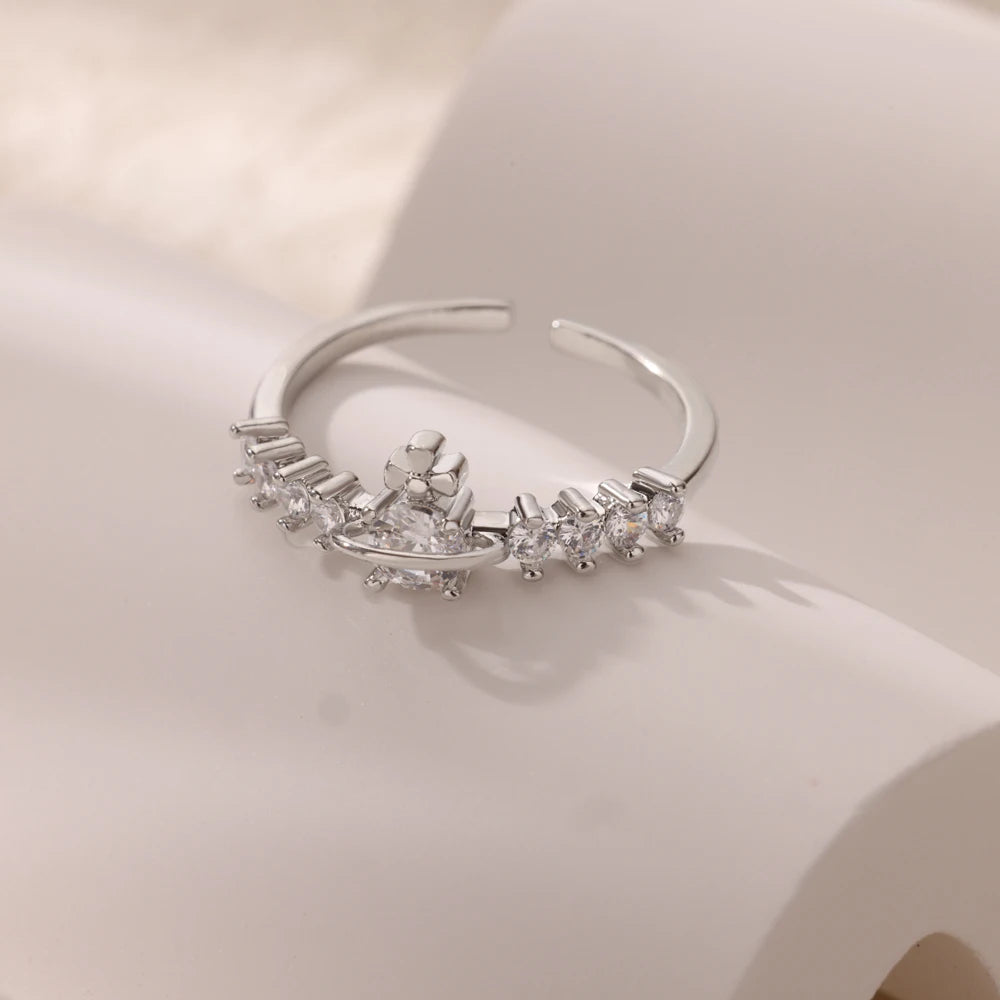 Luxury Zircon Round Rings For Women Gold Color Stainless Steel Open Ring Luxury Wedding Couple Aesthetic Jewerly Accessories