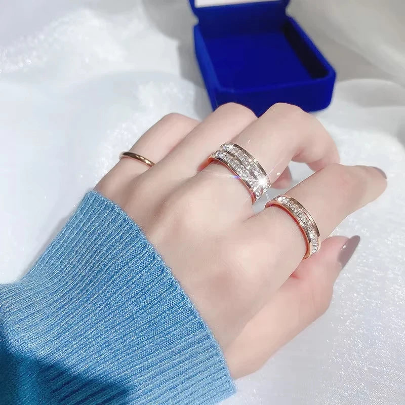 Luxury Rose Gold Color Double Row Square Zircon Stainless Steel Ring For Women Romantic  Wedding Party Jewelry Female Jewelry Fa